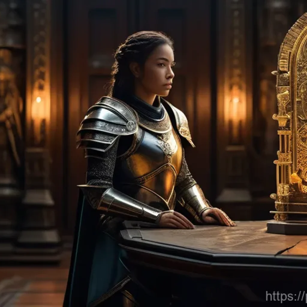 콜오브드래곤즈 레전드리 아이템 목록 - **Prompt:** "A determined female commander, clad in intricate, functional fantasy armor (covering al...