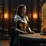 Home 8 콜오브드래곤즈 레전드리 아이템 목록 - **Prompt:** "A determined female commander, clad in intricate, functional fantasy armor (covering al...