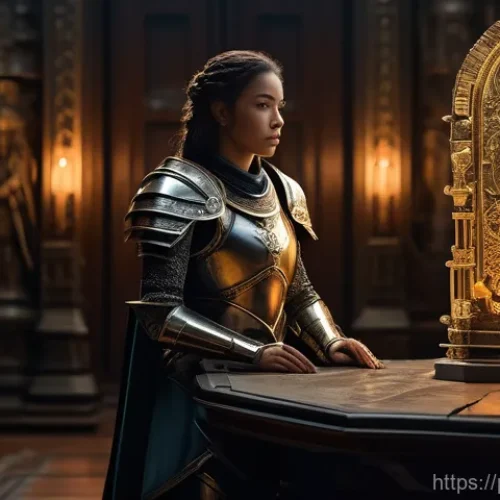 Home 20 콜오브드래곤즈 레전드리 아이템 목록 - **Prompt:** "A determined female commander, clad in intricate, functional fantasy armor (covering al...