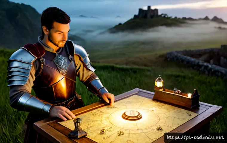 Home 13 콜오브드래곤즈 희귀 아이템 파밍 루트 - Photorealistic fantasy strategy game scene, a focused Brazilian adventurer in practical leather armo...